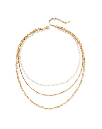 18K Gold 3 Layer Multi Chain Necklace with Pearl | JDN20667