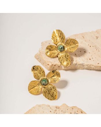 18K Gold Aesthetic Flower Natural Turquoise Stud Earrings | JDE052